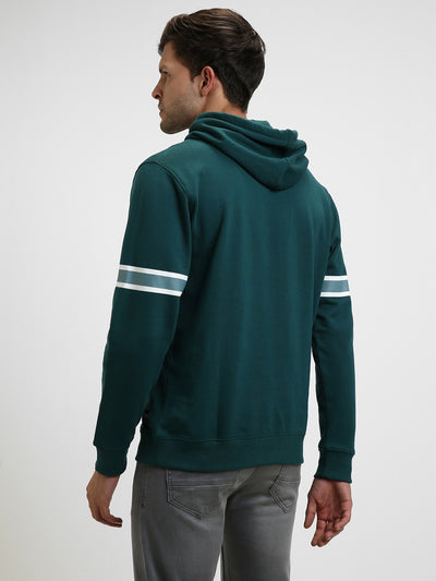 Men's Teal Blue Striped Sleeves Hooded Sweatshirt