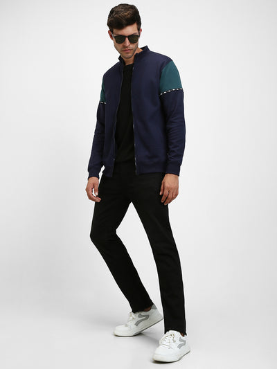 Men's Mock Neck Regular Fit Panelling Navy Sweatshirt