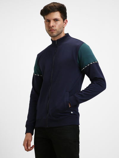 Dennis Lingo Men's Navy Mock Neck Full Sleeves Zipper Front Sweatshirt