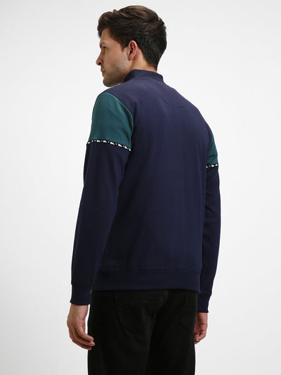 Men's Mock Neck Regular Fit Panelling Navy Sweatshirt