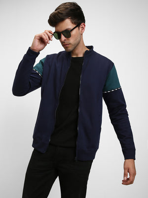 Men's Mock Neck Regular Fit Panelling Navy Sweatshirt