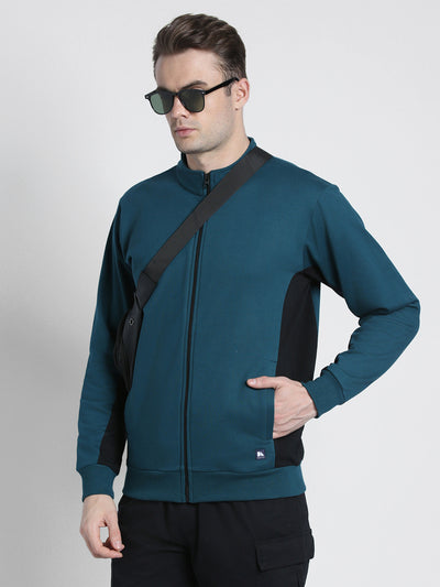 Dennis Lingo Men's Teal Mock Neck Full Sleeves Zipper front Sweatshirt