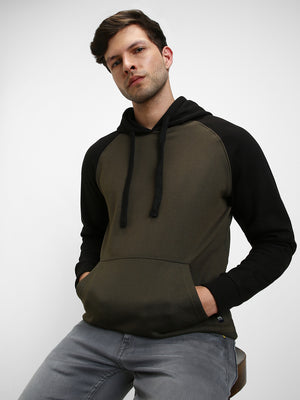 Men's Olive Colourblocked Hooded Full Sleeves Hoodie