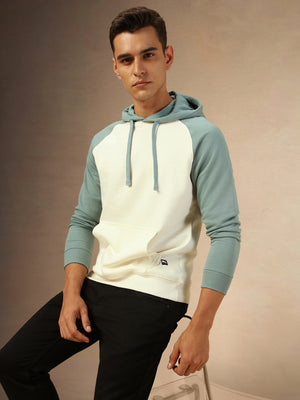 Men's OffWhite & Blue Hooded Colourblocked Casaul Hoodie