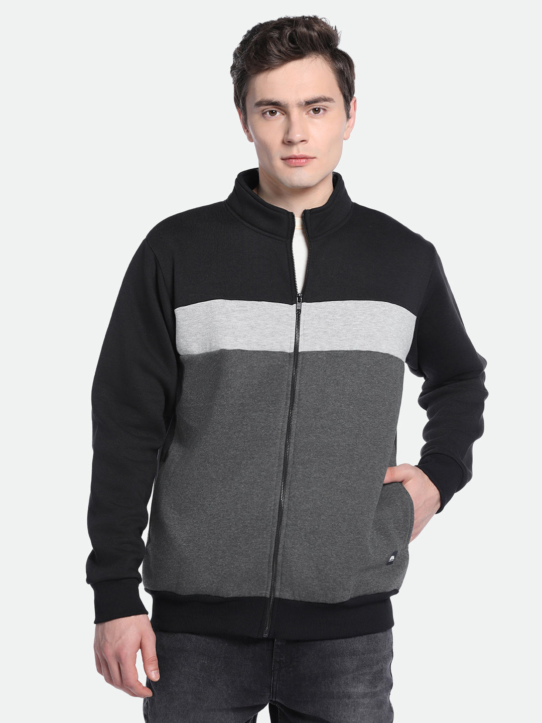 Men's Mock Neck Regular Fit Colourblock Dark Grey Sweatshirt