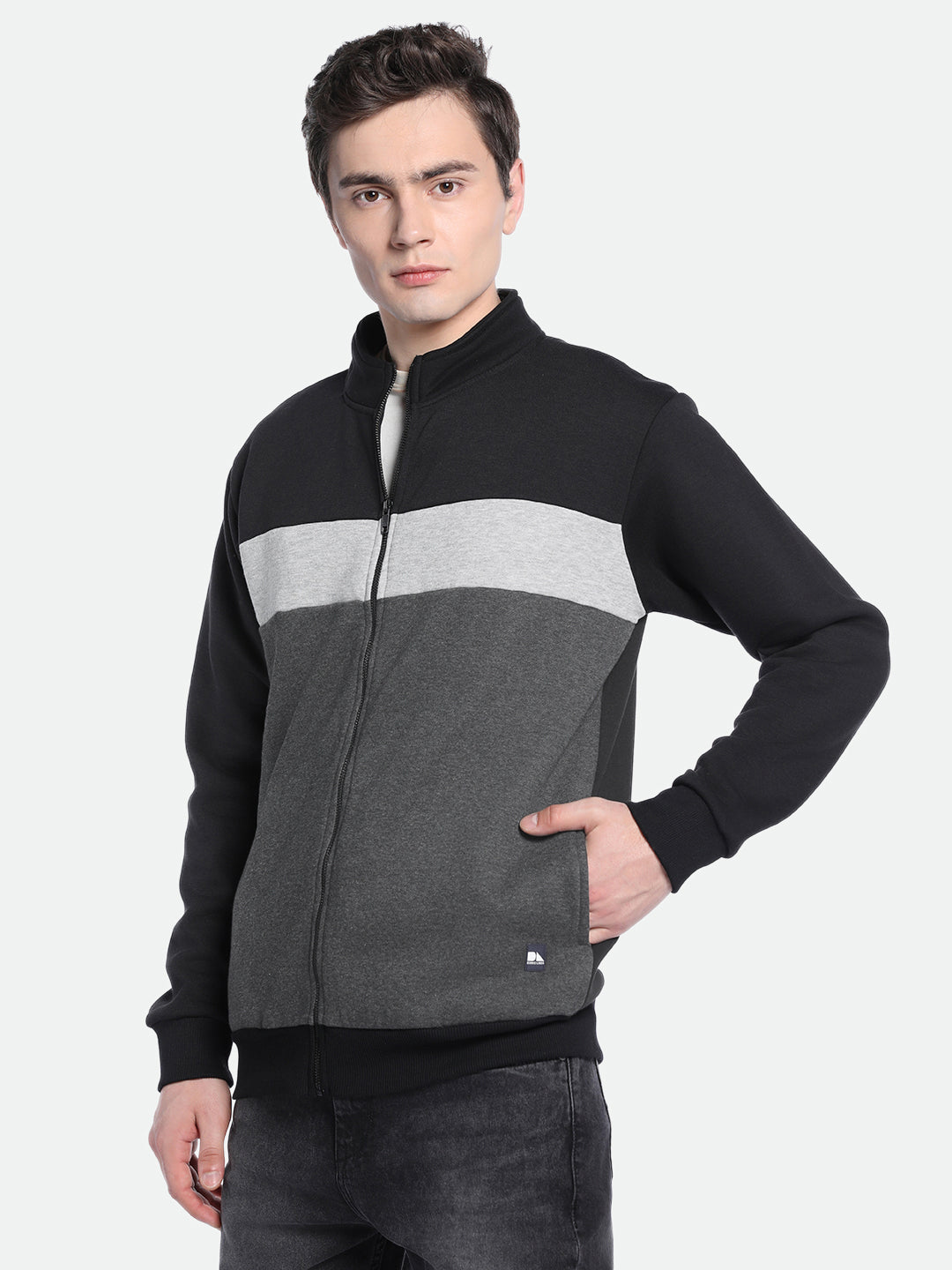 Men's Mock Neck Regular Fit Colourblock Dark Grey Sweatshirt