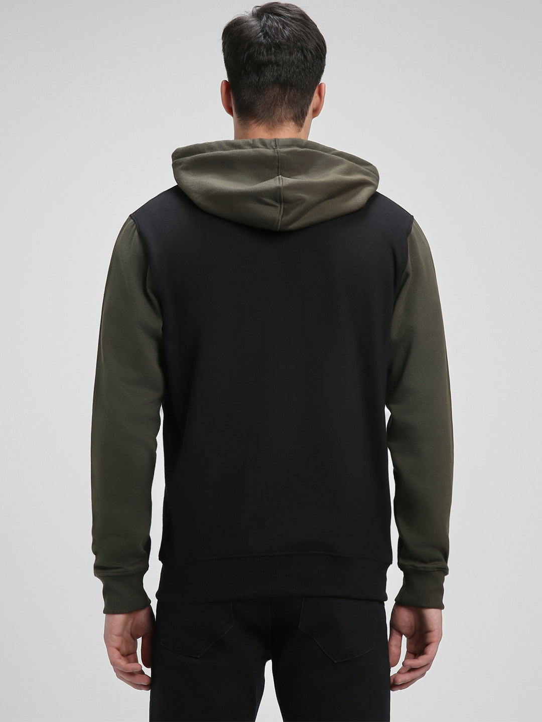 Men's Black Colorblock Front-Open Hooded Sweatshirt