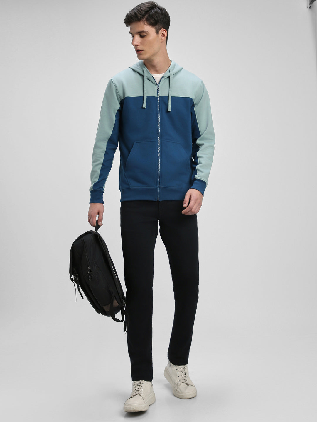 Men's Blue Colorblock Front-Open Hooded Sweatshirt