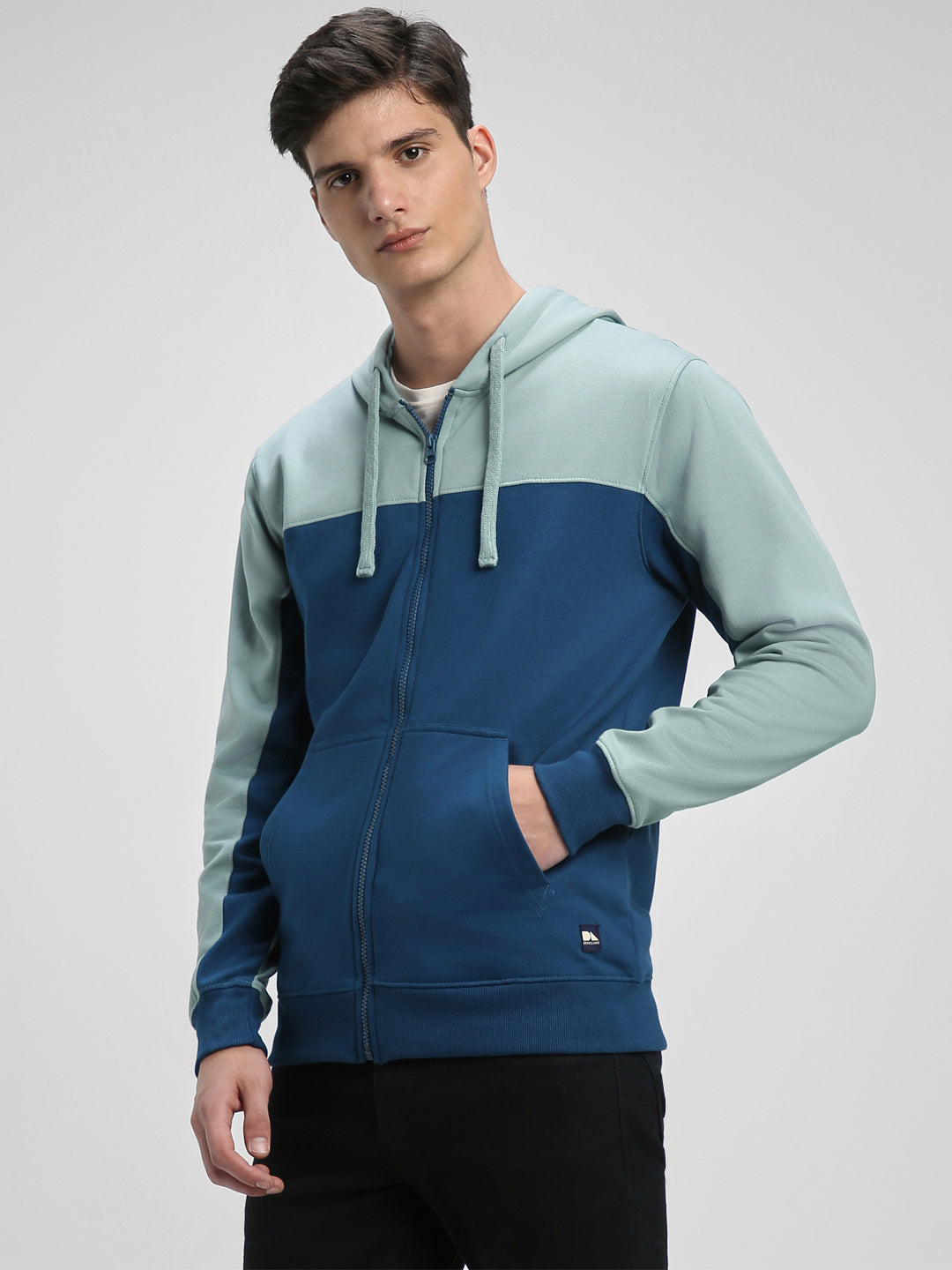Men's Blue Colorblock Front-Open Hooded Sweatshirt