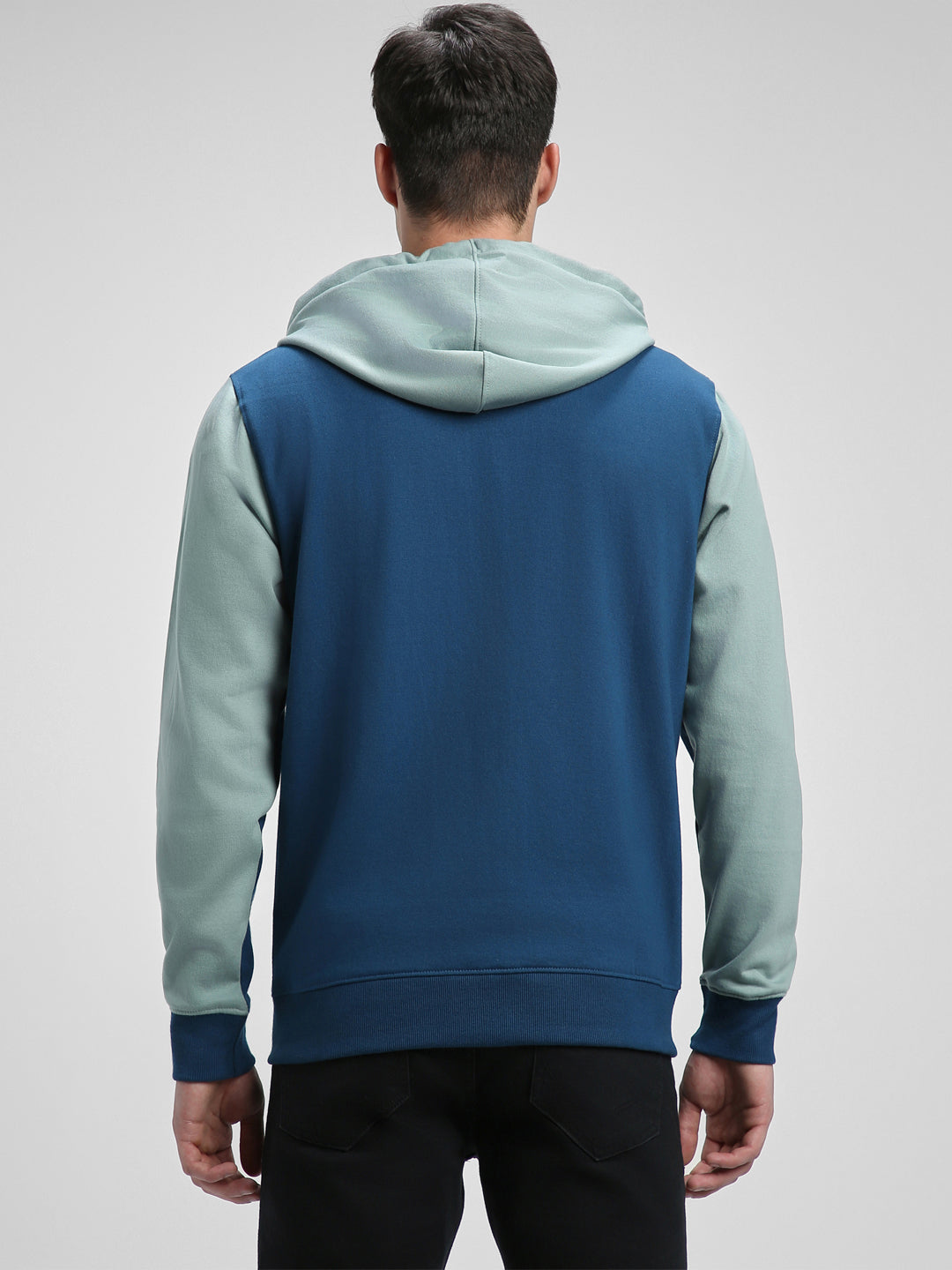 Men's Blue Colorblock Front-Open Hooded Sweatshirt