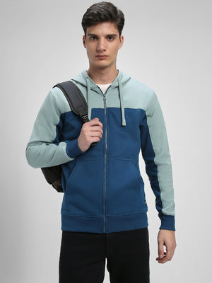 Men's Blue Colorblock Front-Open Hooded Sweatshirt