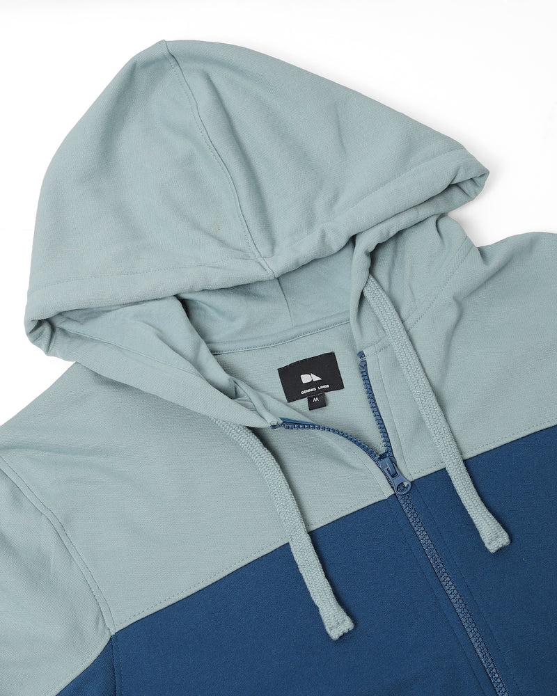 Men's Blue Colorblock Front-Open Hooded Sweatshirt