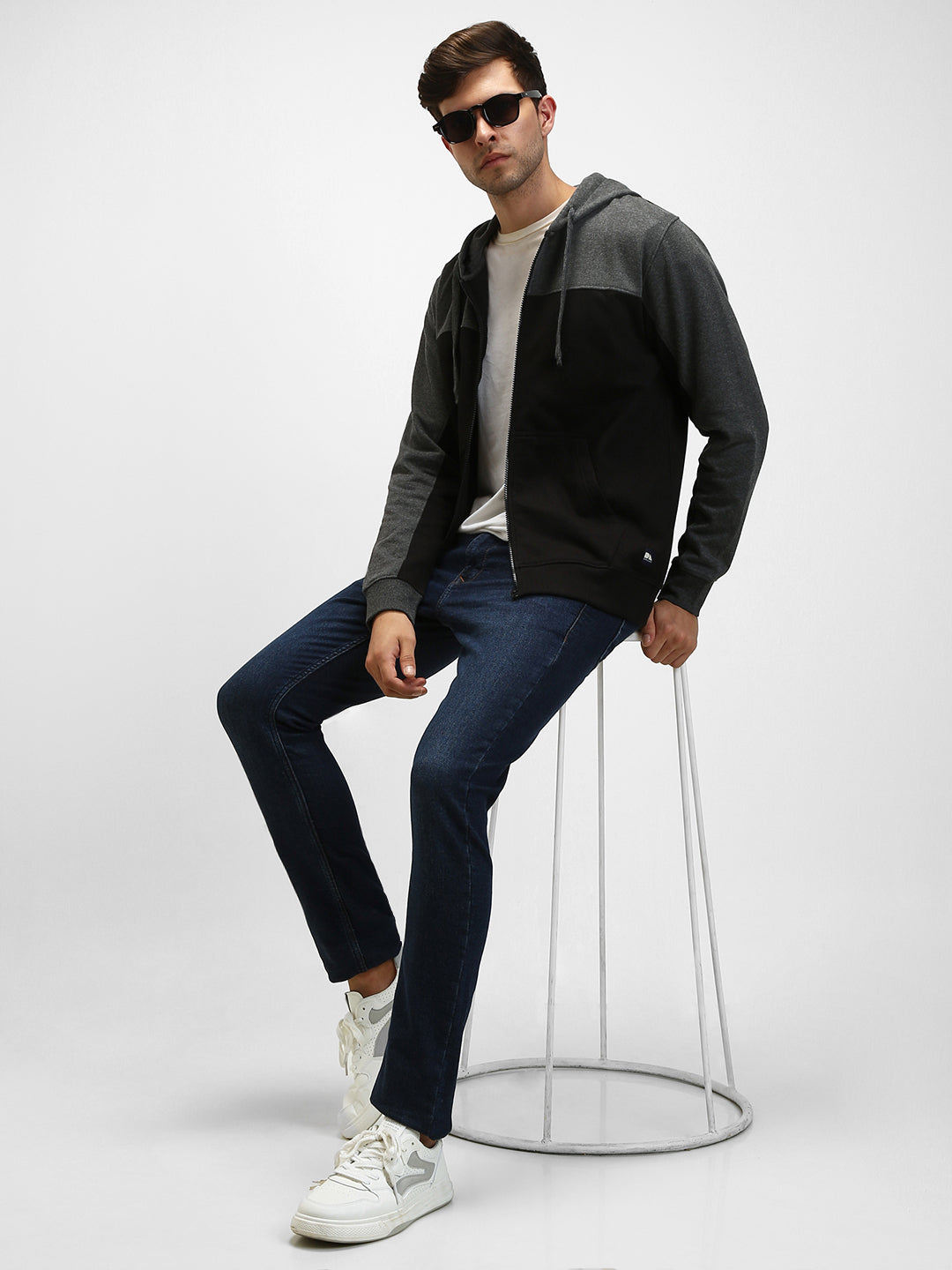 Men's Dark Grey Colorblock Front-Open Hooded Sweatshirt