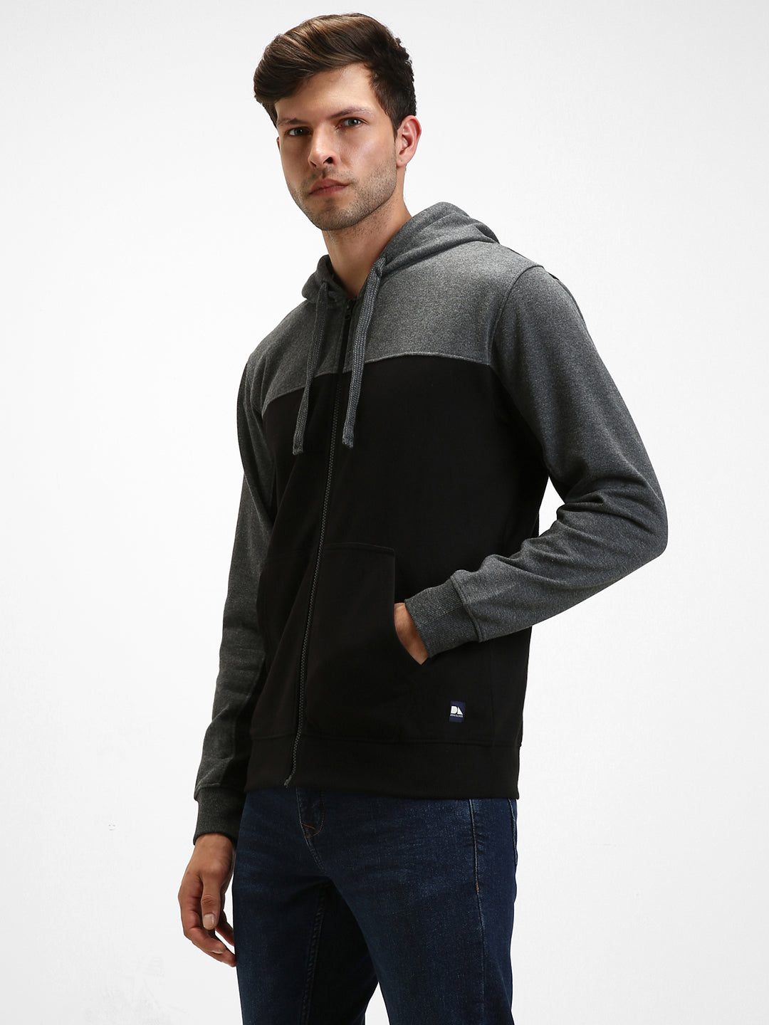 Men's Dark Grey Colorblock Front-Open Hooded Sweatshirt