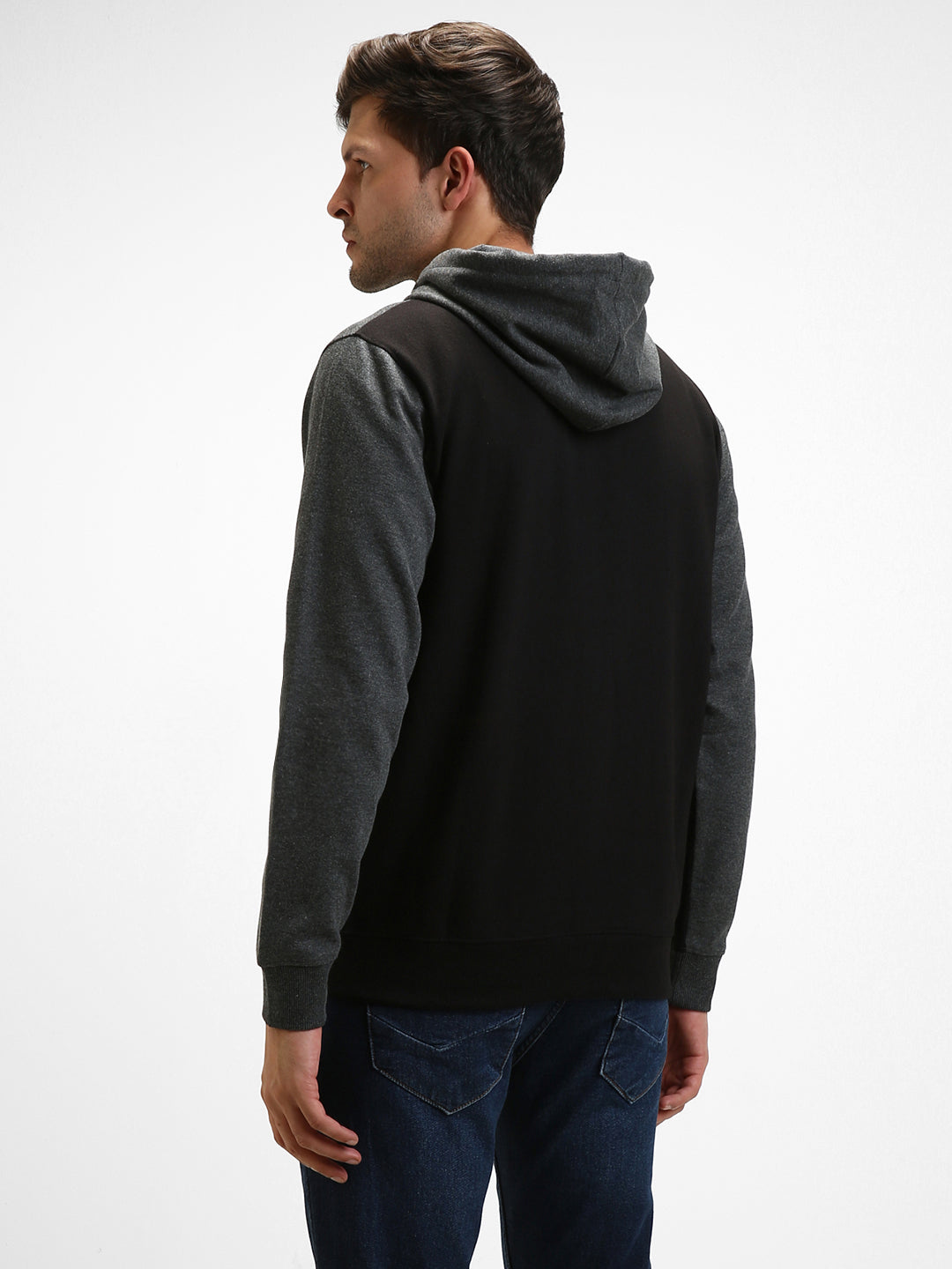 Men's Dark Grey Colorblock Front-Open Hooded Sweatshirt