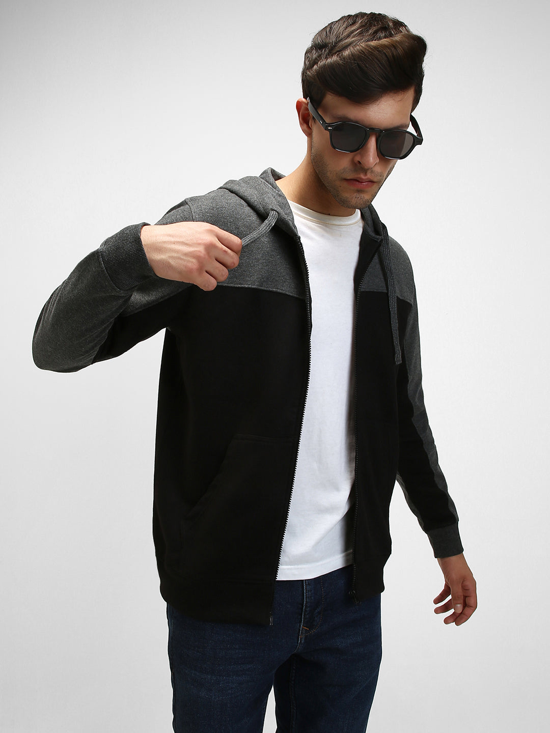 Men's Dark Grey Colorblock Front-Open Hooded Sweatshirt