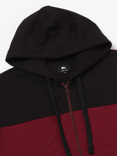 Men's Maroon Colorblock Front-Open Hooded Sweatshirt