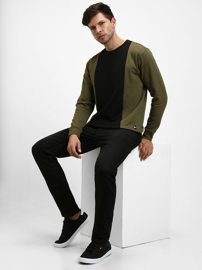 Men's Mock Neck Regular Fit Colourblock Olive Sweatshirt