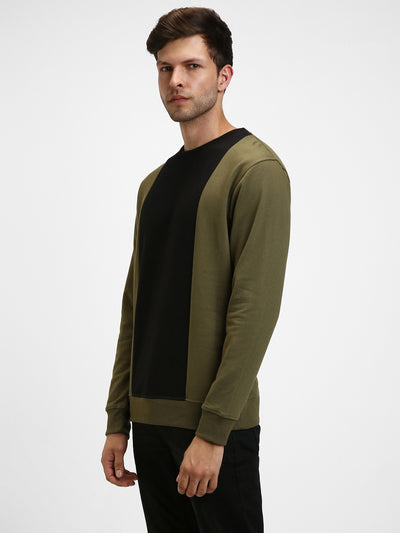 Men's Mock Neck Regular Fit Colourblock Olive Sweatshirt