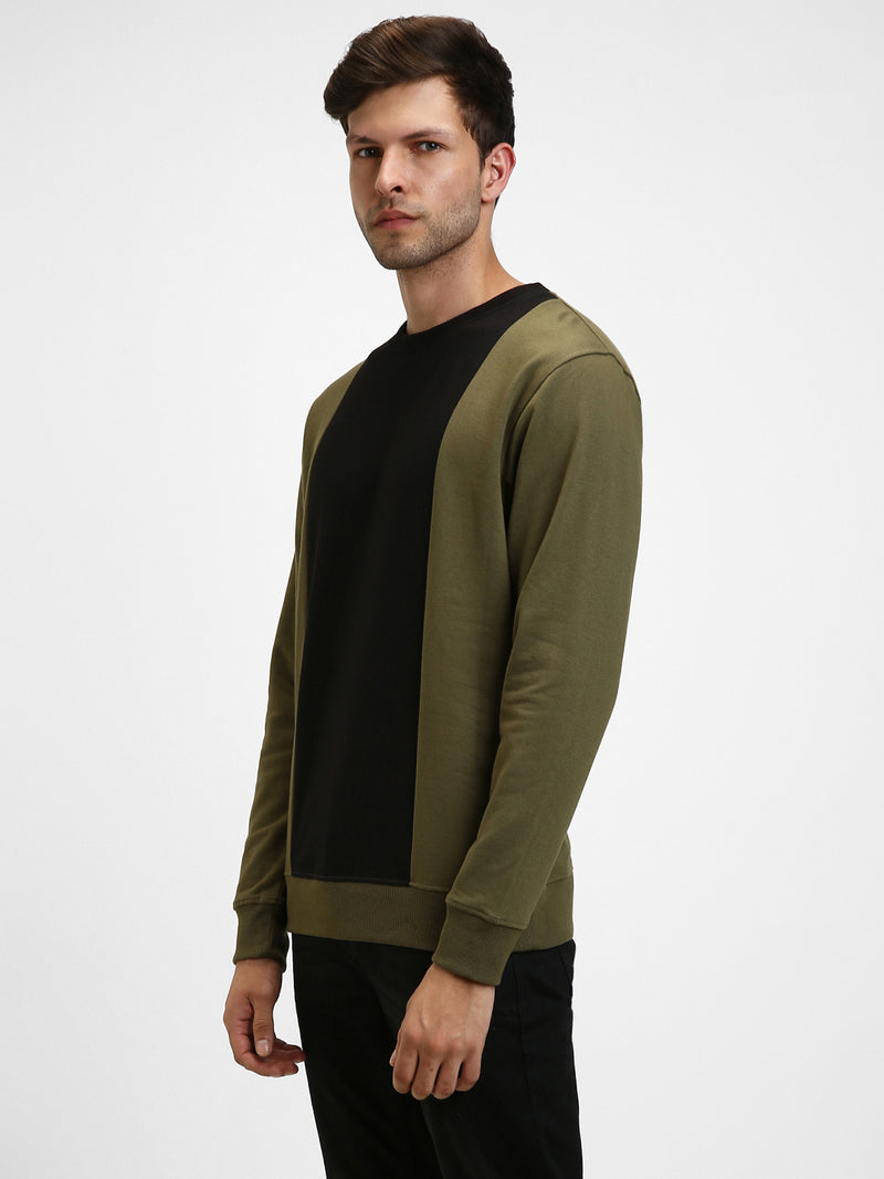 Men's Mock Neck Regular Fit Colourblock Olive Sweatshirt