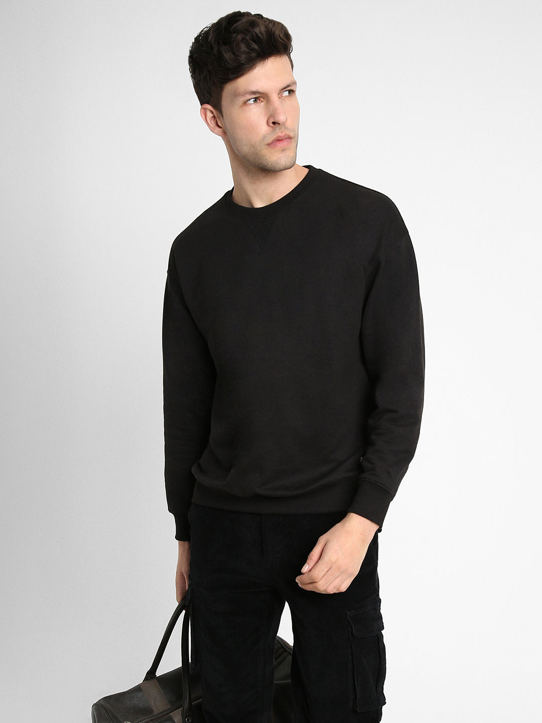 Dennis Lingo Men's Mock Neck Relaxed Fit Solid Black Sweatshirt