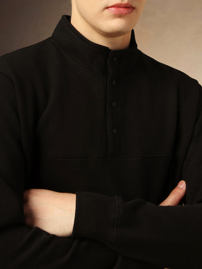 Men's Black Solid Mock Collar Full Sleeves Sweatshirt