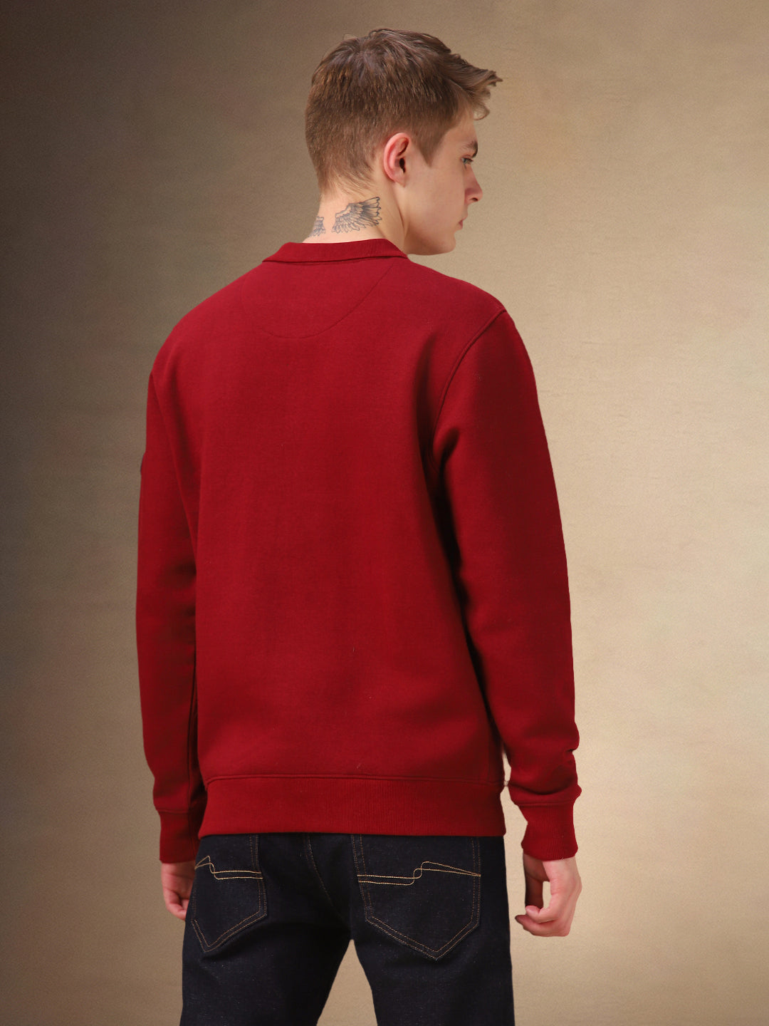 Men's Maroon Solid Polo collar Full Sleeves Sweatshirt