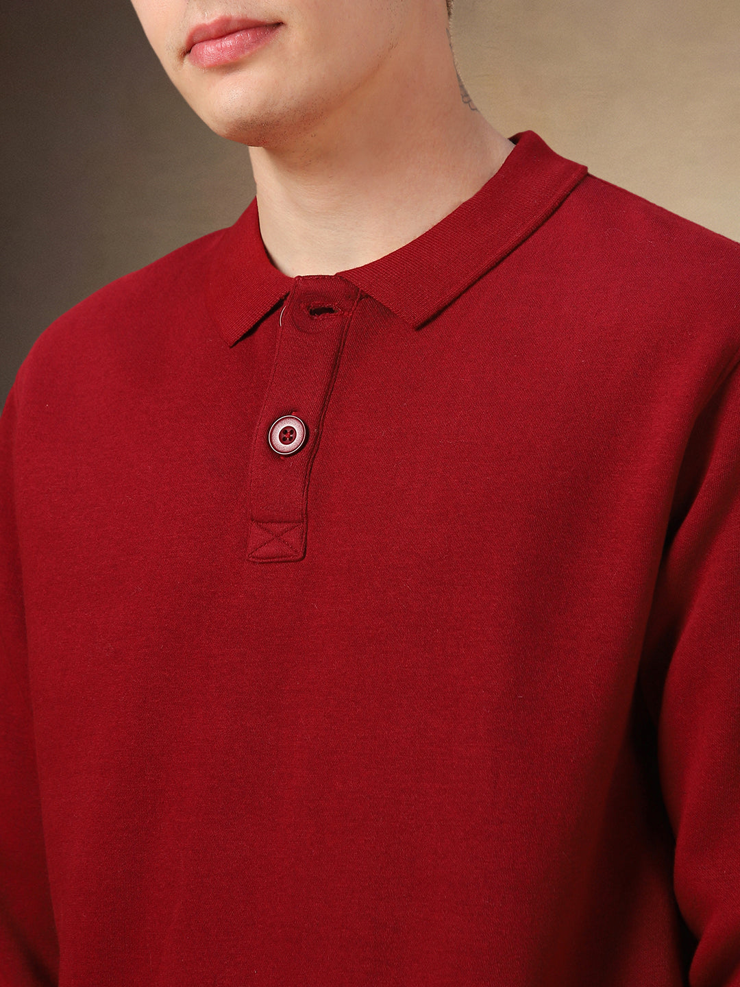 Men's Maroon Solid Polo collar Full Sleeves Sweatshirt