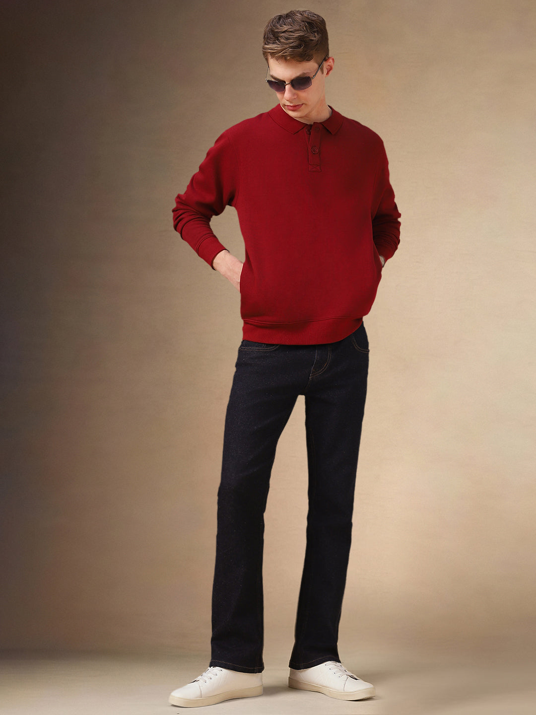 Men's Maroon Solid Polo collar Full Sleeves Sweatshirt