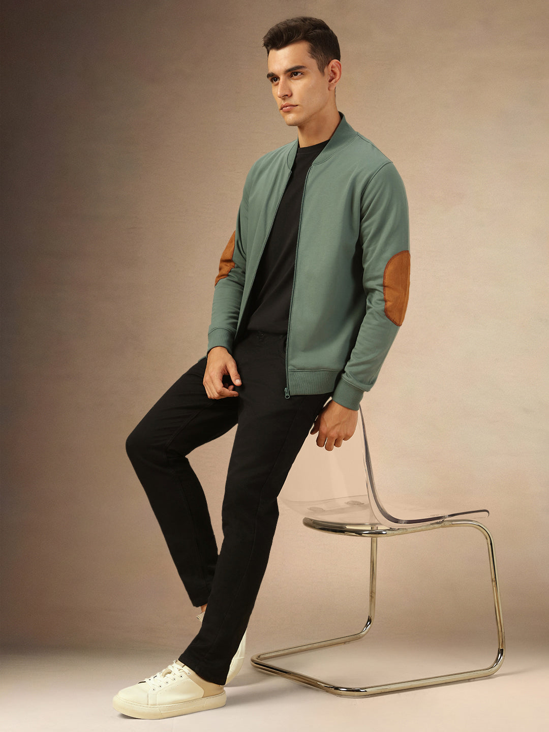 Men's Solid Rib Collar Full Sleeves Front open Sweatshirt