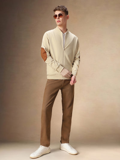 Men's Solid Rib Collar Full Sleeves Front-Open Sweatshirt