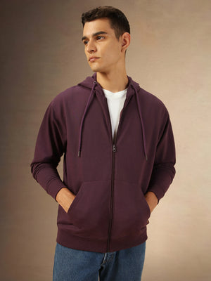 Men's Solid Plum Hooded Full Sleeves Front Open Casual Hoodie