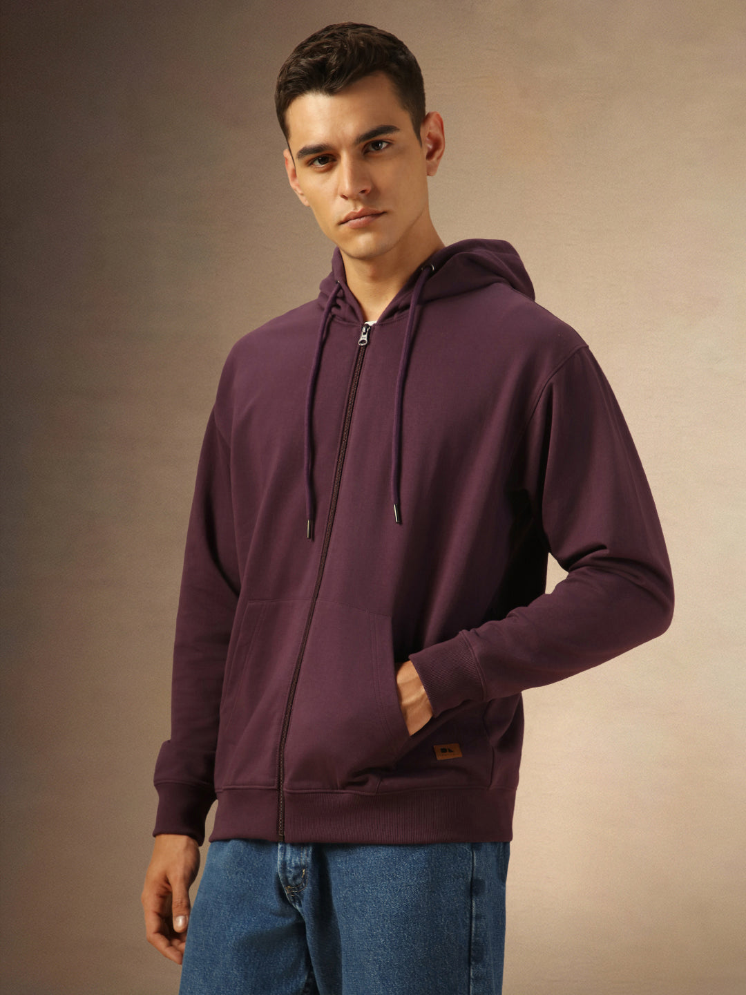 Men's Solid Plum Hooded Full Sleeves Front Open Casual Hoodie