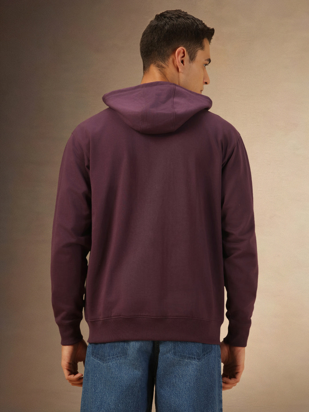 Men's Solid Plum Hooded Full Sleeves Front Open Casual Hoodie