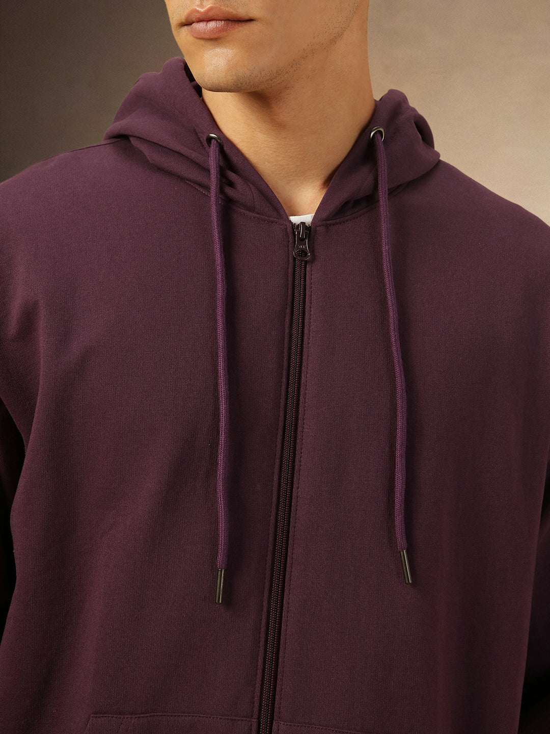 Men's Solid Plum Hooded Full Sleeves Front Open Casual Hoodie
