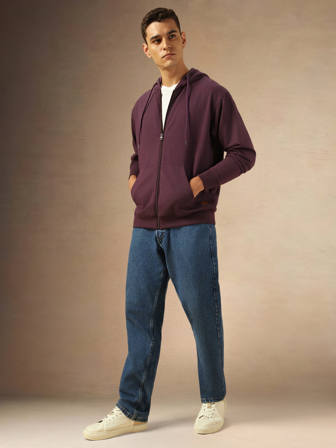 Men's Solid Plum Hooded Full Sleeves Front Open Casual Hoodie