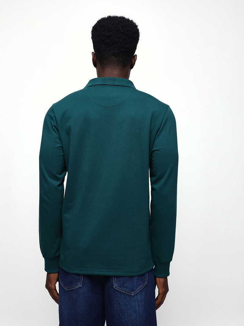 Men's Solid Polo Neck Relaxed Fit Pullover Sweatshirt