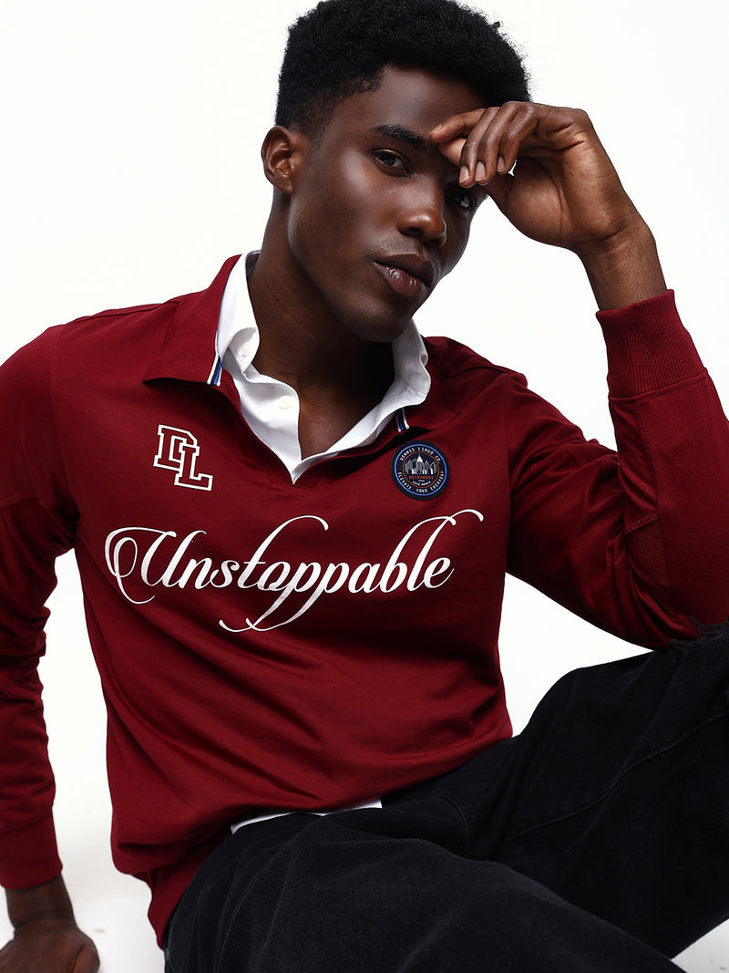 Men's Solid Polo Neck Relaxed Fit Pullover Sweatshirt