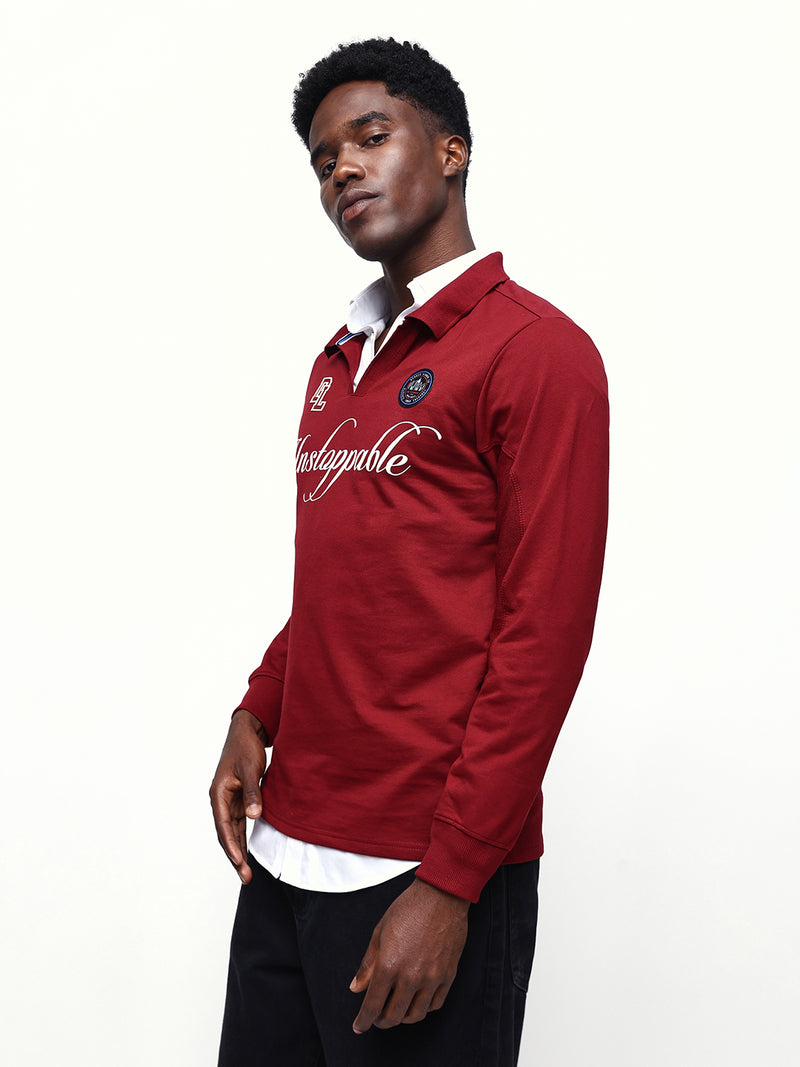 Men's Solid Polo Neck Relaxed Fit Pullover Sweatshirt