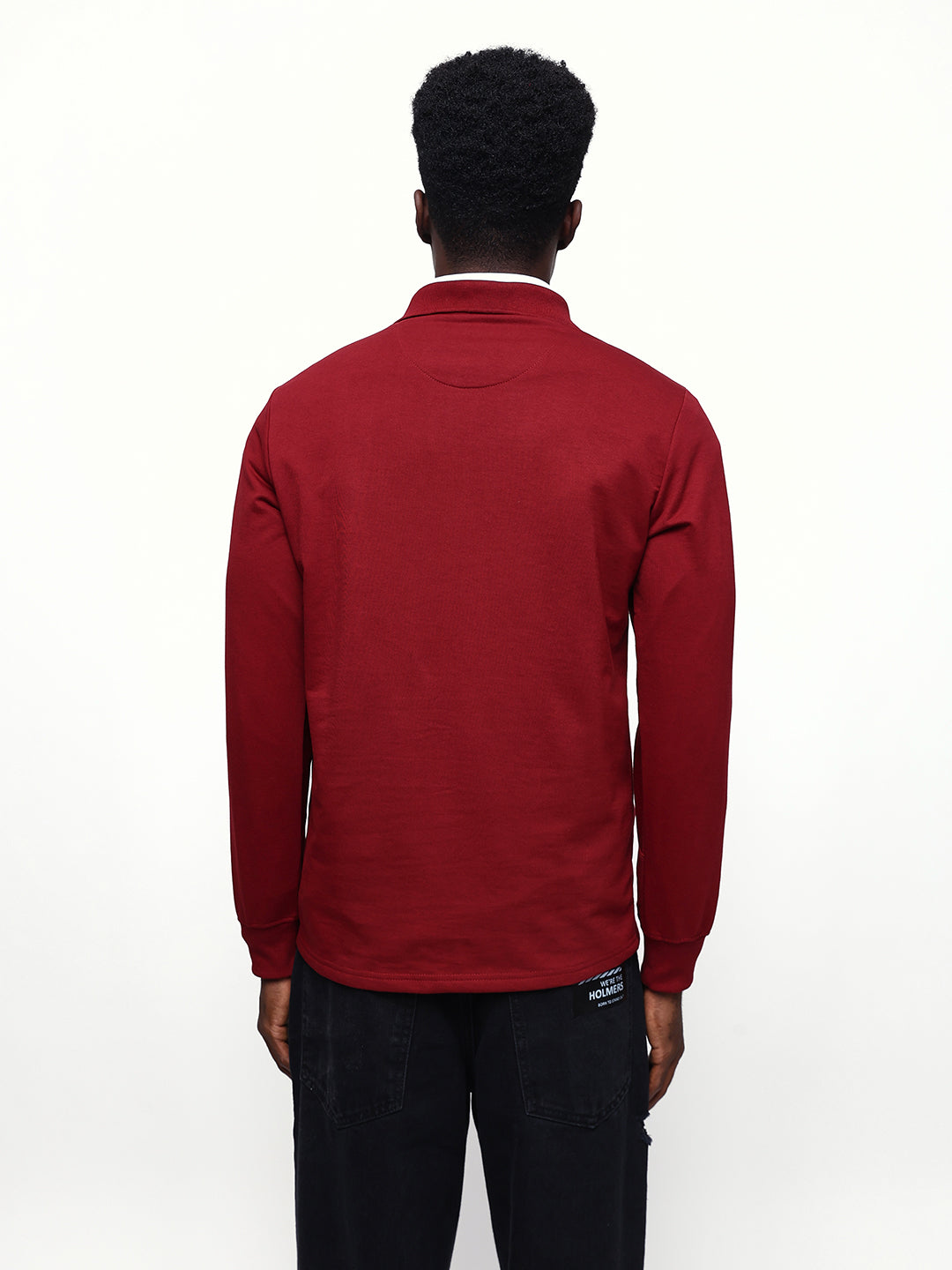 Men's Solid Polo Neck Relaxed Fit Pullover Sweatshirt