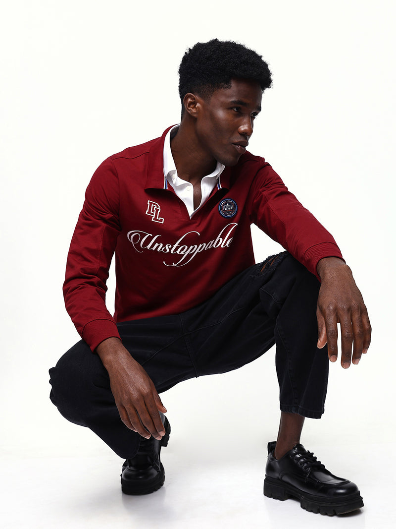 Men's Solid Polo Neck Relaxed Fit Pullover Sweatshirt