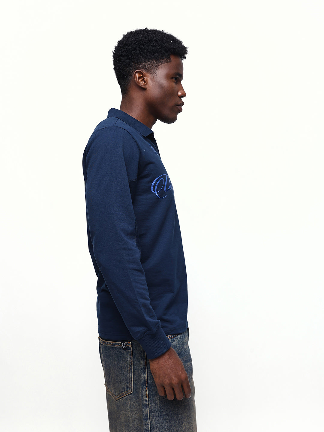 Men's Solid Polo Neck Relaxed Fit Pullover Sweatshirt
