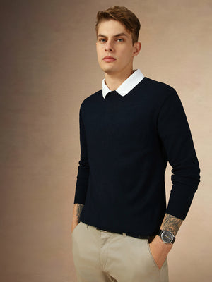 Men's Navy Crew Neck Full Sleeves Slim Fit Pullover Sweater