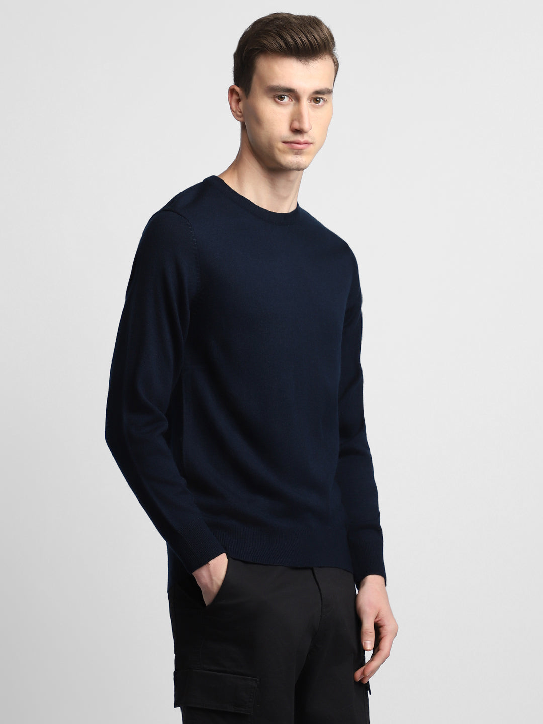 Dennis Lingo Men's navy Solid  Full Sleeves Pullover Sweater