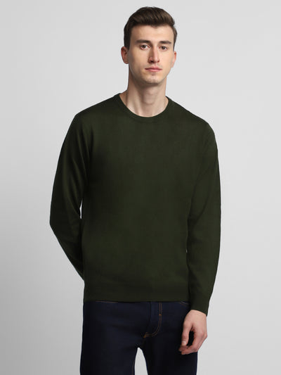 Dennis Lingo Men's Olive Solid  Full Sleeves Pullover Sweater