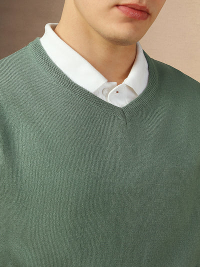 Men's Teal V-Neck Full Sleeves Slim Fit Pullover Sweater