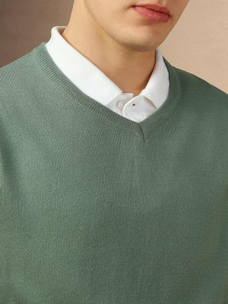 Men's Teal V-Neck Full Sleeves Slim Fit Pullover Sweater