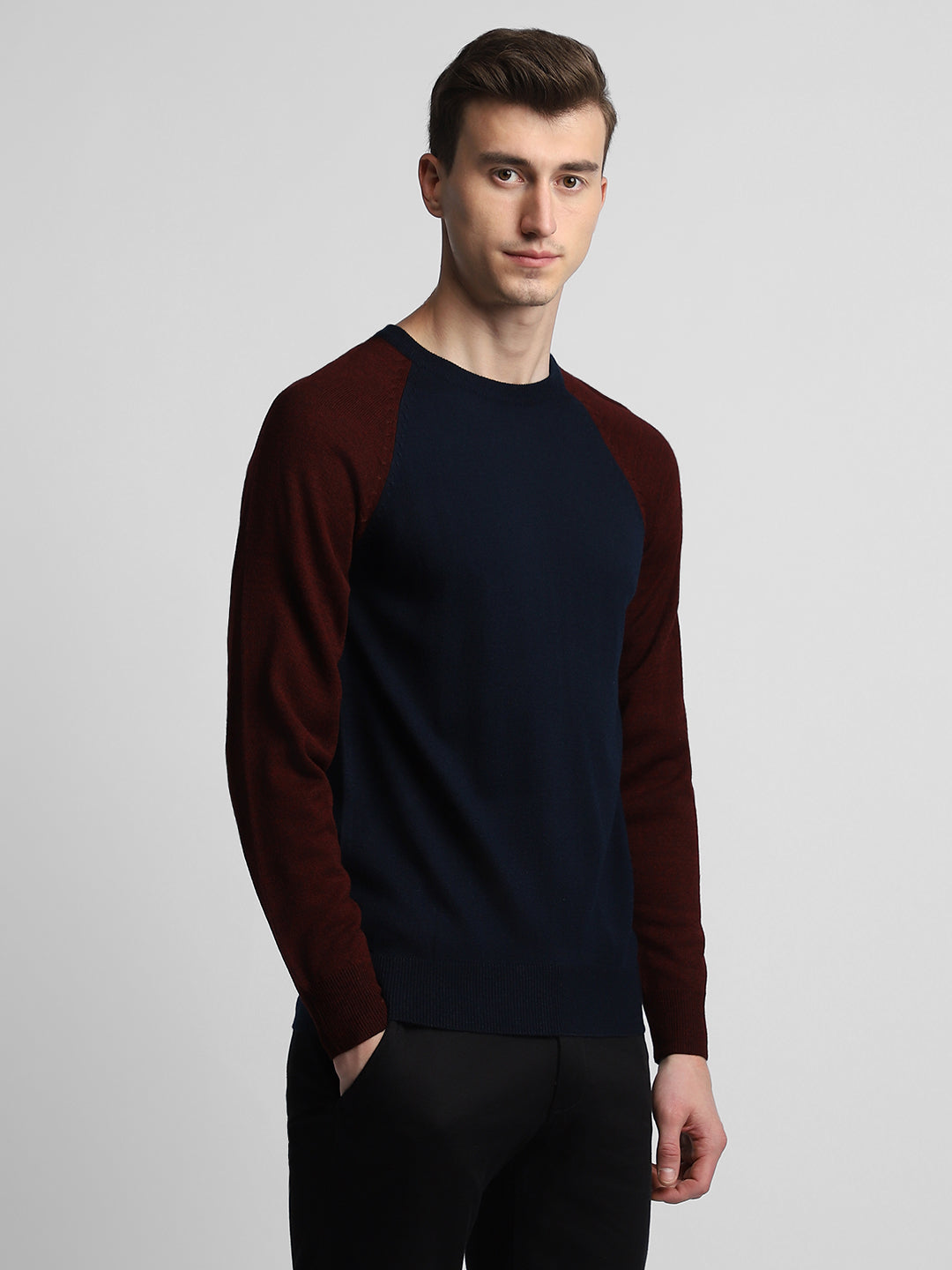 Dennis Lingo Men's Navy Colourblock  Full Sleeves Pullover Sweater
