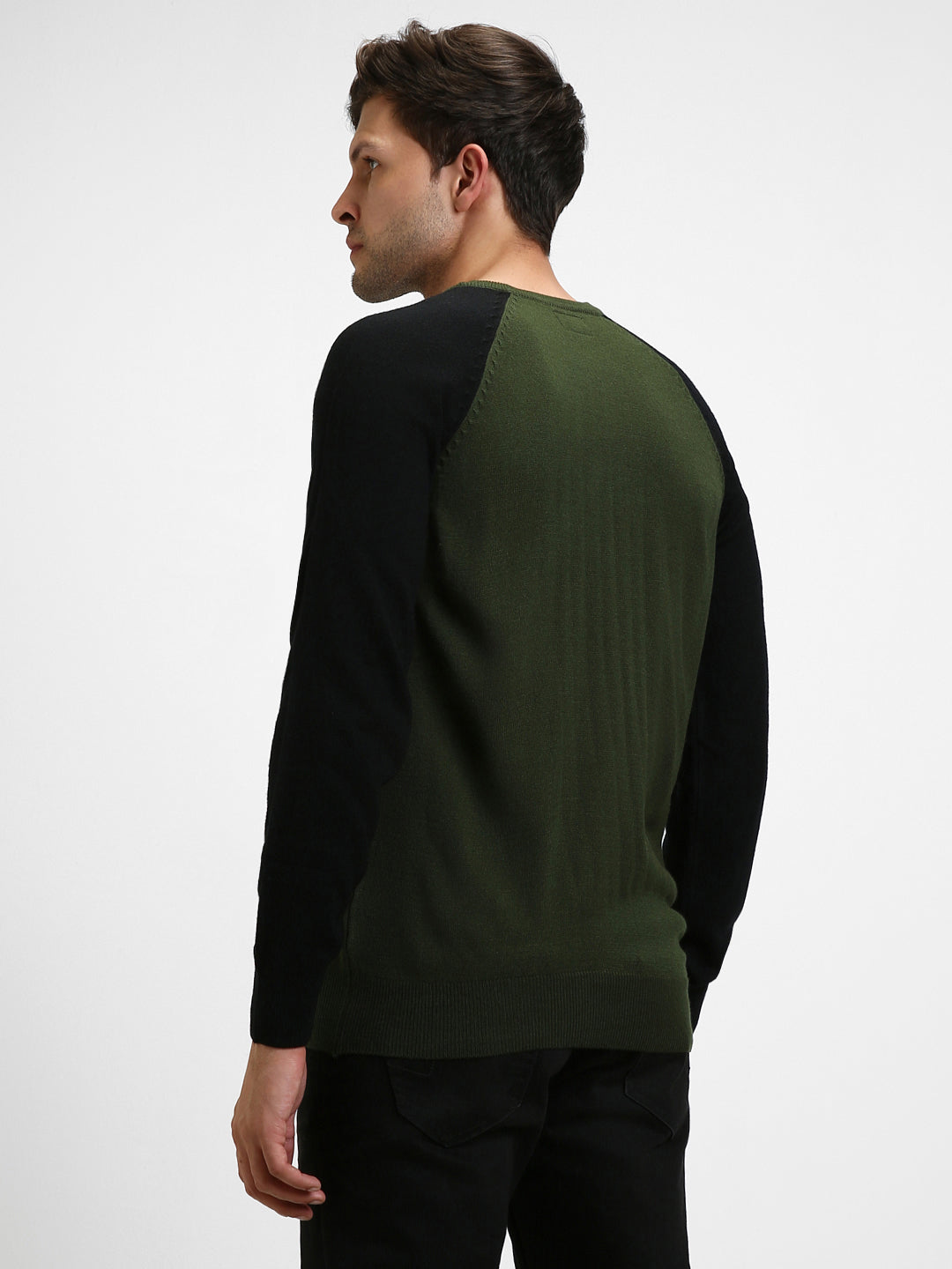 Dennis Lingo Men's Olive Colourblock  Full Sleeves Pullover Sweater