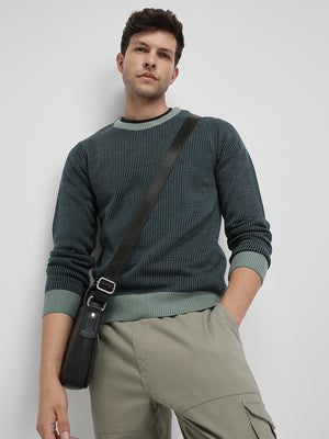 Men's Teal Green Textured Round neck Pullover Sweater